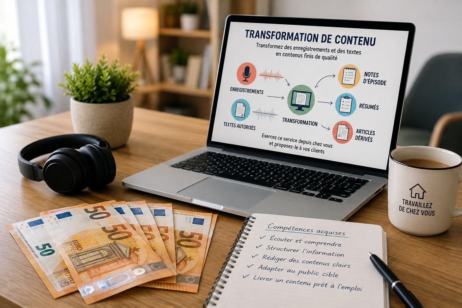 Schéma du flux de travail : enregistrement de podcast transformé en transcription, notes d'épisode, article et résumé
